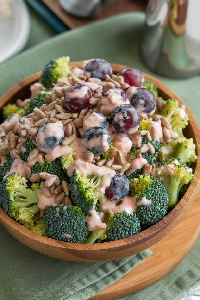 Indoor bowl brimming with chopped broccoli, red grapes, sunflower seeds, and creamy dressing. Photo, no text or logos.