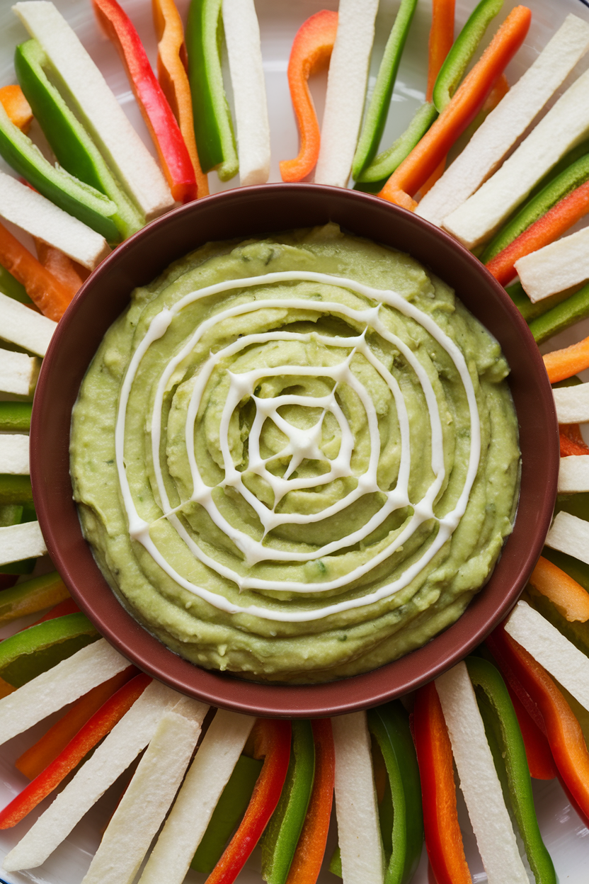 Indoor photo of a shallow round dish filled with smooth guacamole, sour cream piped in concentric circles then dragged to form a spider web, with bell pepper strips and jicama sticks radiating around the bowl. No text or logos.