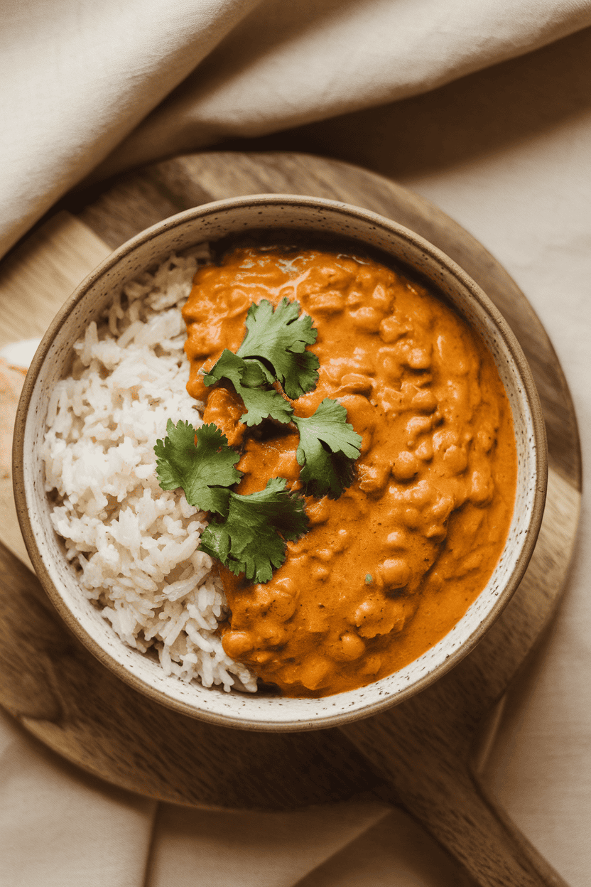 Indoor photo of a bowl of creamy orange coconut lentil curry garnished with cilantro, soft overhead lighting, no text or logos.