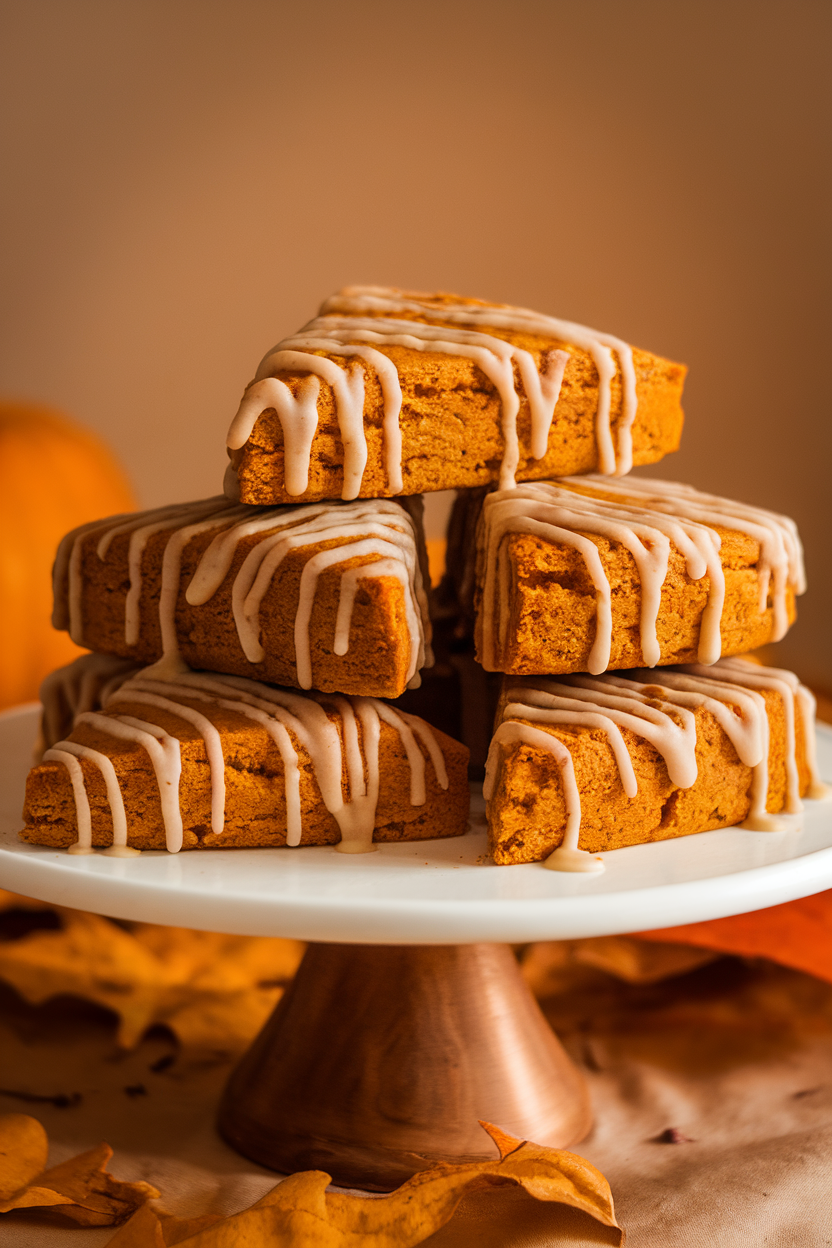 Photo of triangular pumpkin scones drizzled with maple icing, stacked on a cake stand indoors, no text or logos.