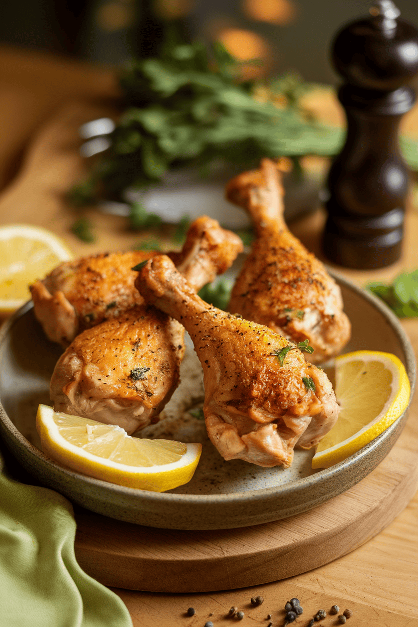 Indoor photo of three lemon-pepper chicken drumsticks on a stoneware plate, thin lemon slices as garnish. No text or logos.