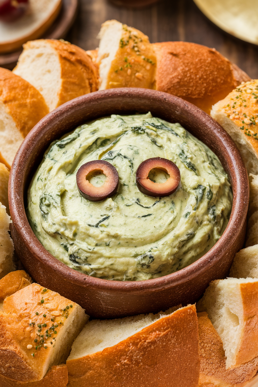 Indoor stoneware bowl of creamy green spinach dip with olive slice “eyes” poking out, bread bowl surrounding. Photo, no text or logos.