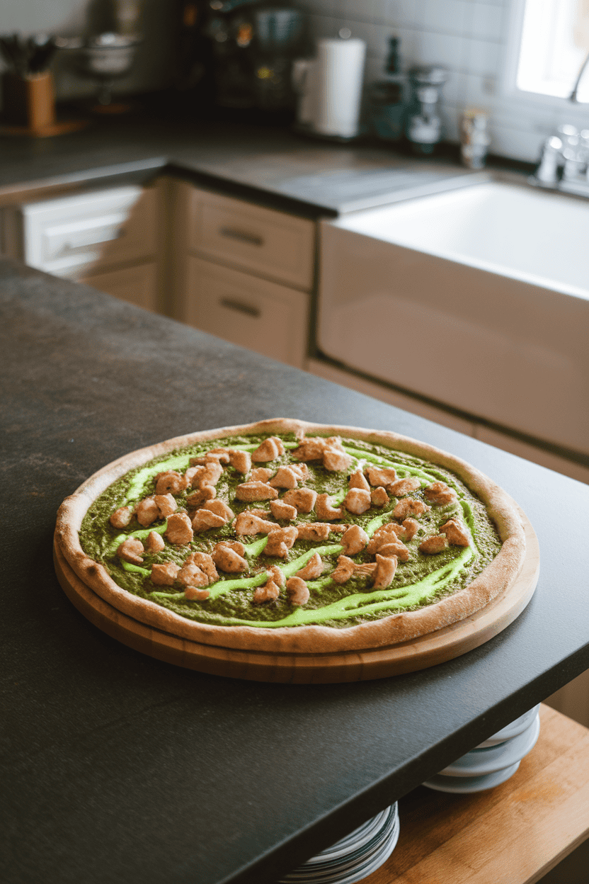 Indoor kitchen island lit from above, showcasing a bright green pesto pizza with diced chicken and neon-green drizzle of extra basil oil. No text or logos.