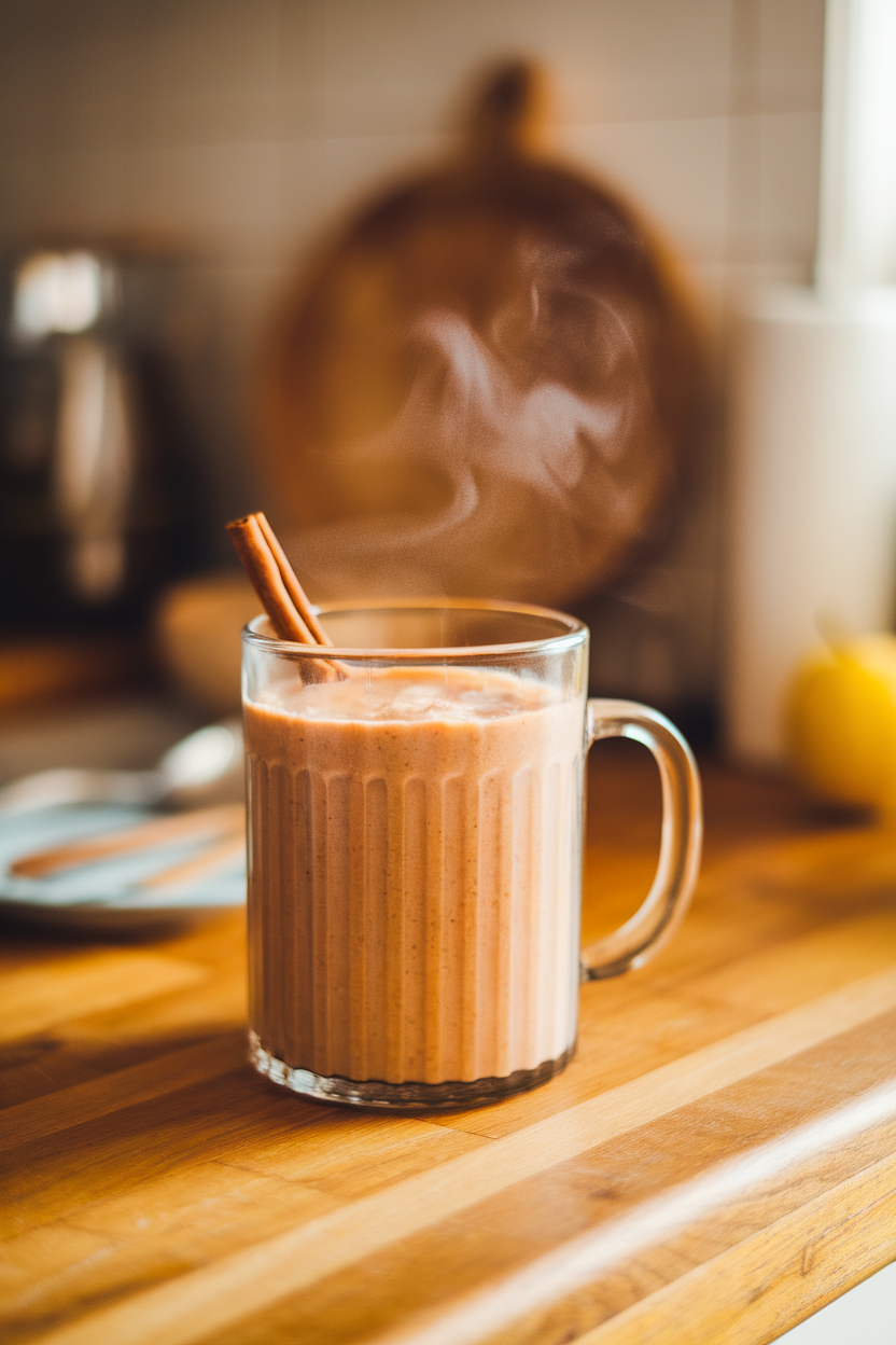 A steaming glass mug on an indoor countertop filled with spiced apple smoothie, cinnamon stick inside. Photo only, no text or logos.