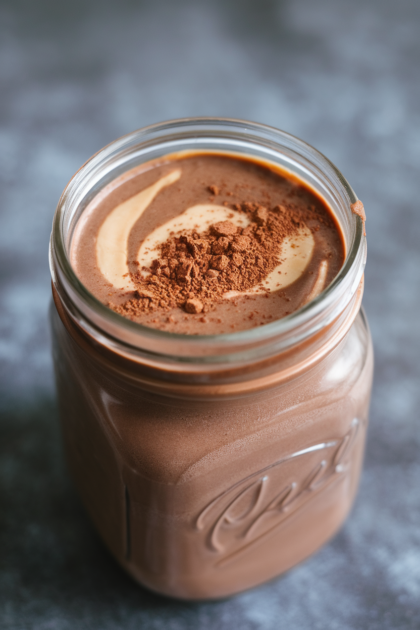 An indoor studio shot of a frosty chocolate smoothie in a glass mason jar, peanut butter swirl on surface. Photo only, no text or logos.