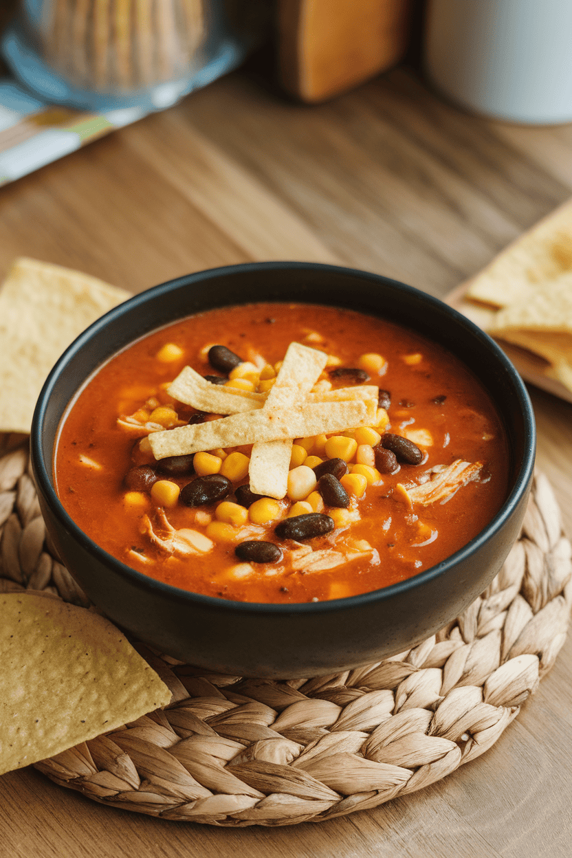 A bowl on an indoor wooden table containing tomato-based chicken soup with corn, black beans, and crunchy strip tortillas on top. No text or logos.