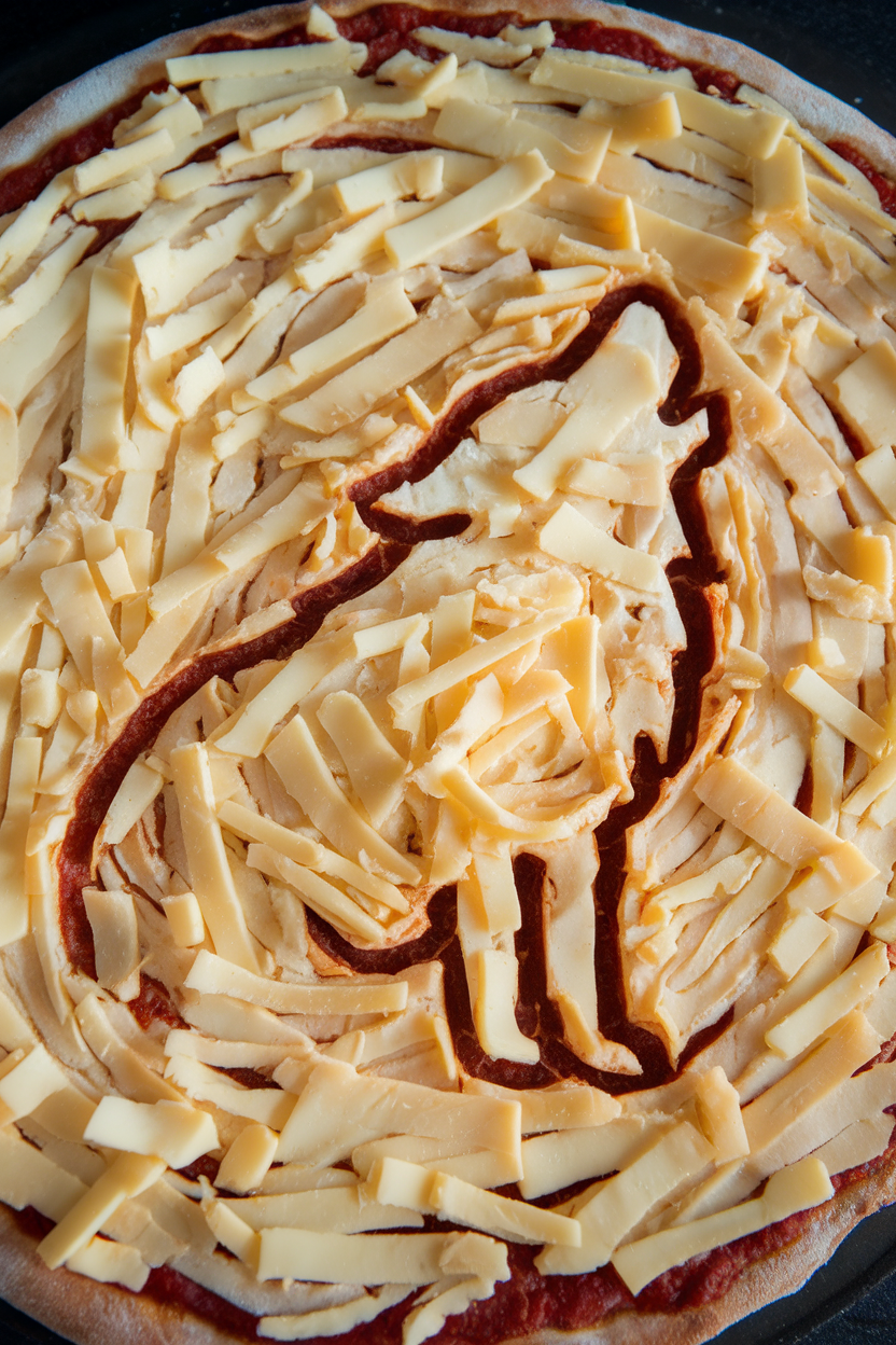 Indoor shot of a pizza where shreds of mozzarella, provolone, fontina, and asiago are swirled into a wolf-howling silhouette against a dark sauce. Photo only, no text or logos.