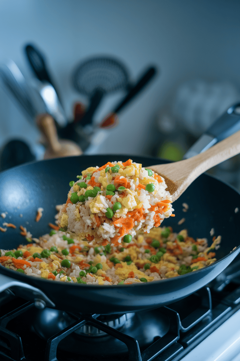 A photo of a wok on an indoor range filled with colorful fried rice—peas, carrots, scrambled eggs, and green onion—being tossed with a wooden spatula. Soft overhead lighting, no logos.