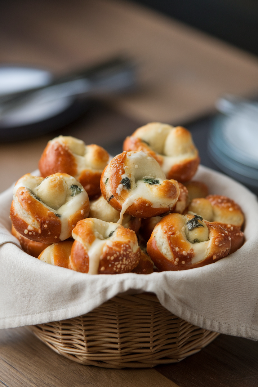An indoor basket lined with a cloth napkin, filled with soft pretzel bites oozing cheese and flecks of spinach. No logos or text. Photo only.