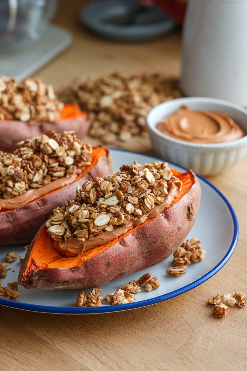 An indoor plate displaying halved roasted sweet potatoes filled with almond butter and topped with granola. Photo only, no text or logos.