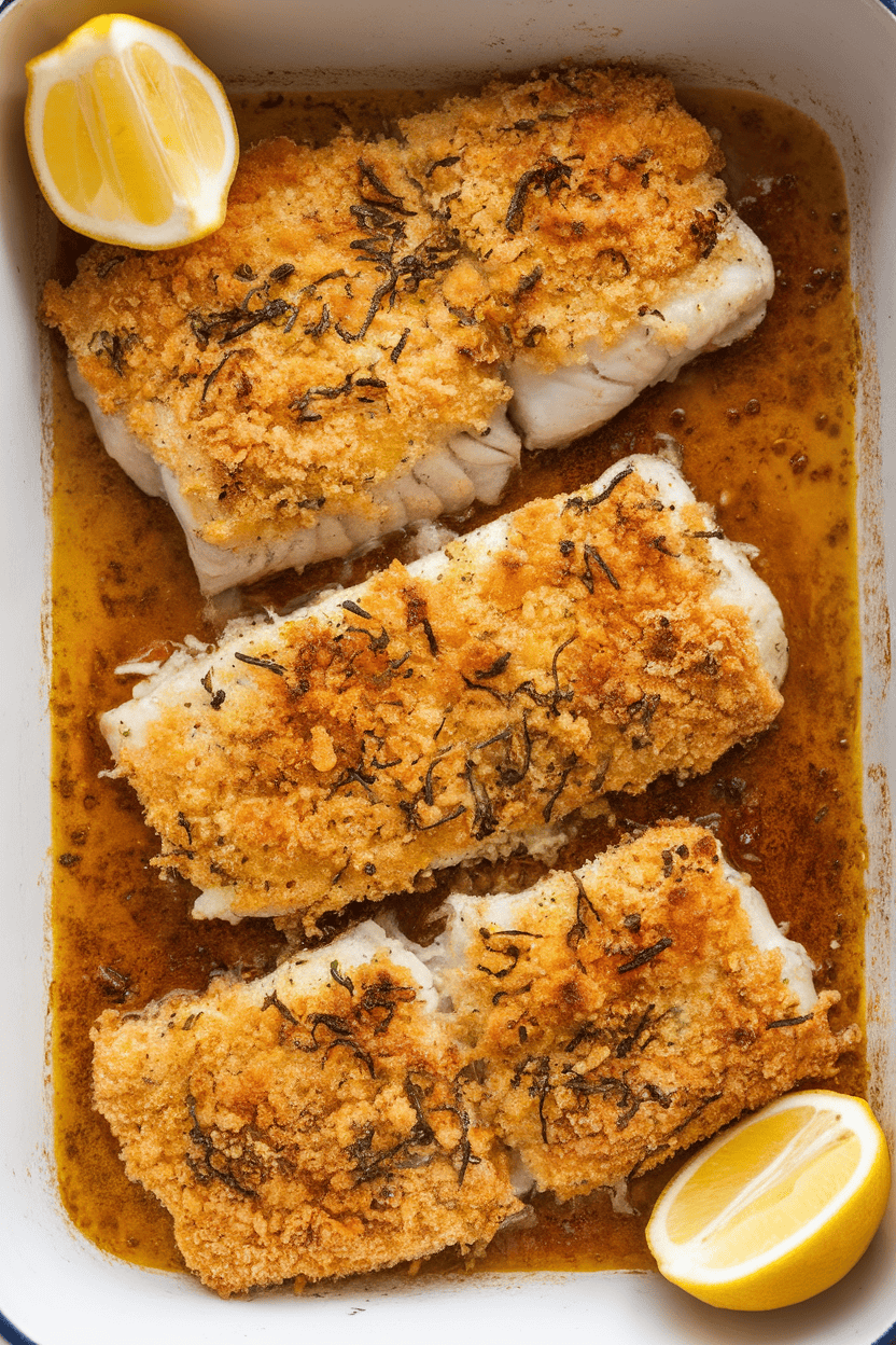 Indoor baking dish with tilapia fillets coated in golden panko Parmesan crust, lemon wedges on the side. No logos or text, photo only.