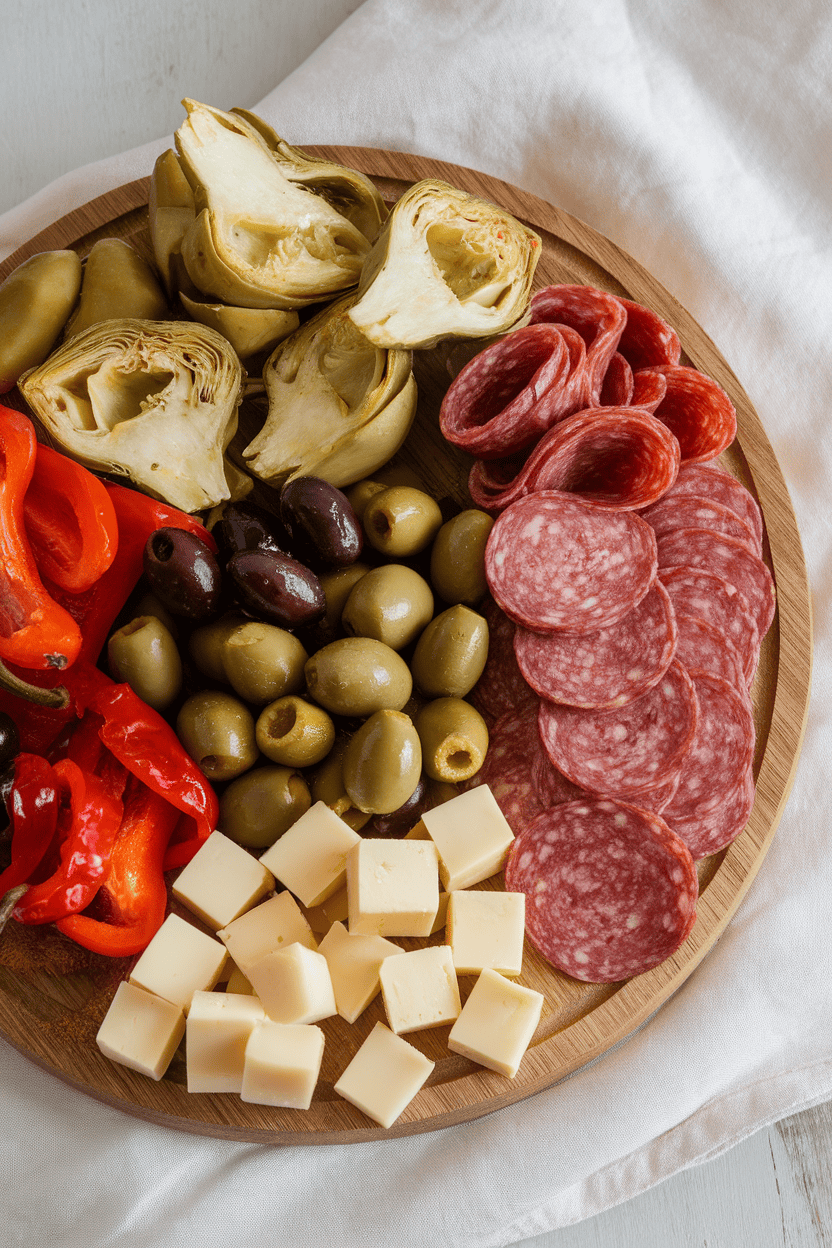 An indoor board filled with marinated artichoke hearts, olives, roasted peppers, sliced salami, and cubes of provolone, all neatly arranged. No text or logos; photo only.