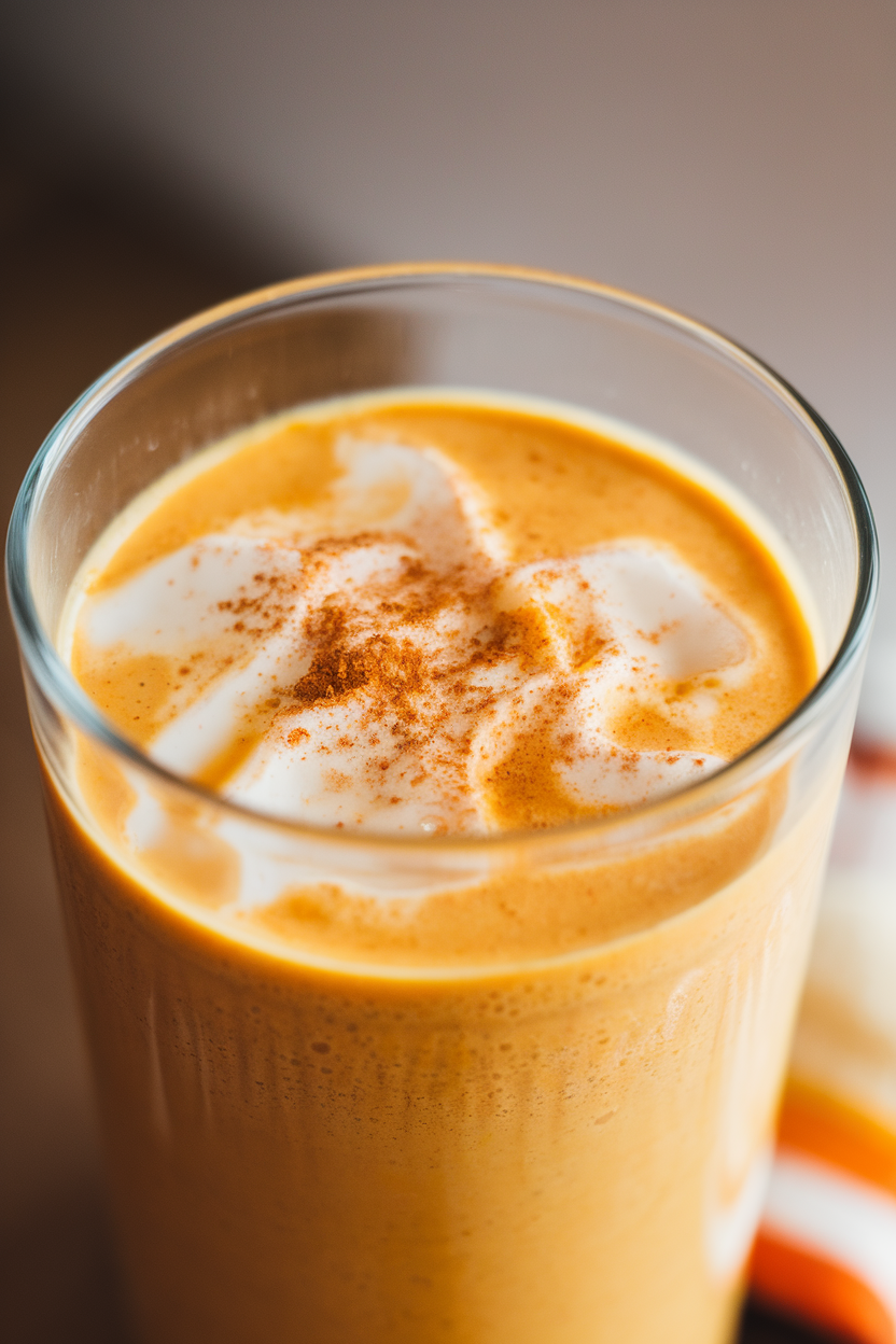 An indoor blender jar poured into a tall glass filled with creamy orange pumpkin smoothie, topped with a light sprinkle of nutmeg, shot at eye level. No text or logos visible.