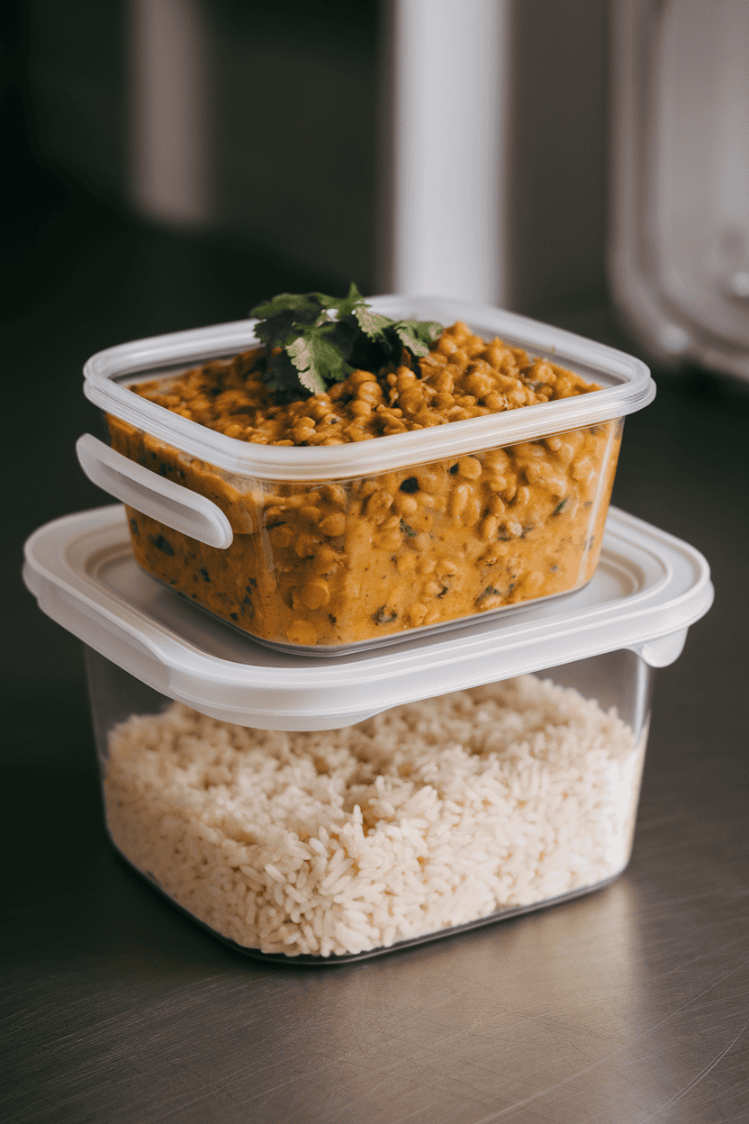 A photo of two stackable meal-prep containers on an indoor countertop: half filled with cooked basmati rice, half with creamy red lentil dal sprinkled with cilantro. No text or logos.