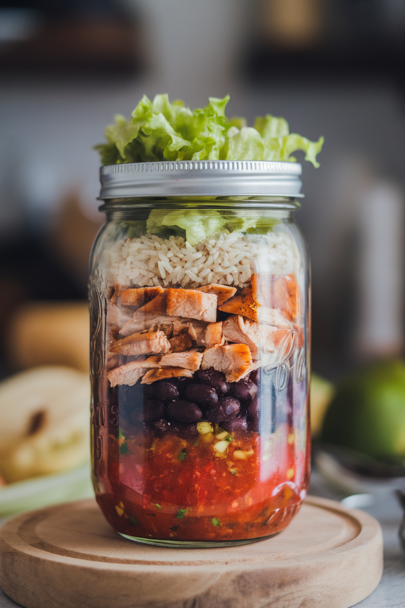 Photo of a mason jar indoors layered with salsa, black beans, rice, grilled chicken, and lettuce. No text or logos.