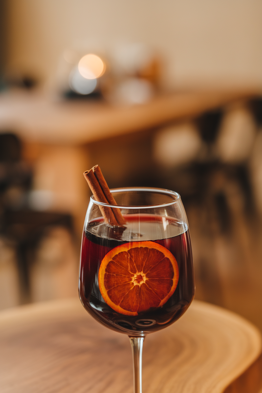 Photo of a stemless glass indoors holding deep red mulled wine, a cinnamon stick and orange wheel floating within. No text or logos.