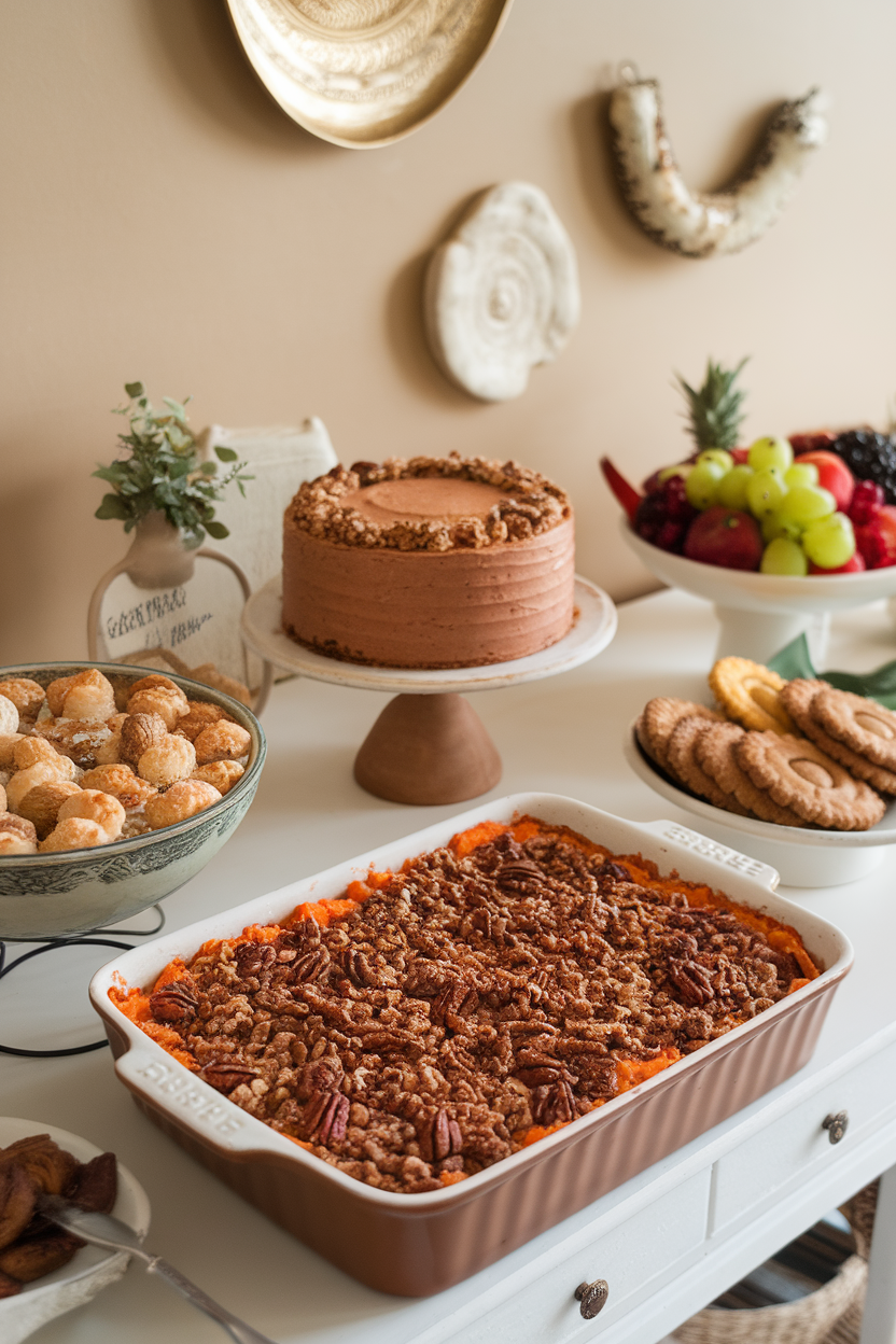 Indoor dessert table with a baking dish of sweet potato casserole topped with pecan streusel, lightly browned, no text or logos. Photo.