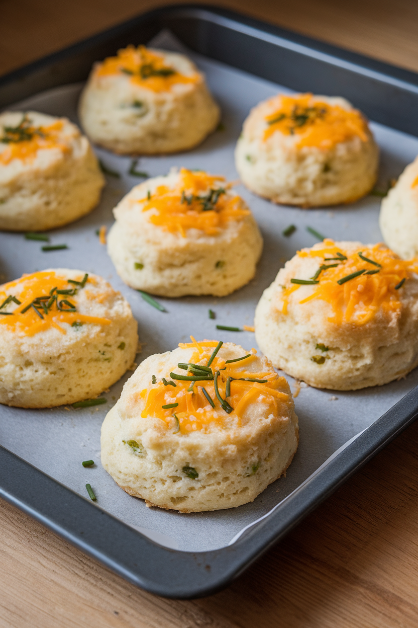A baking tray indoors holding fluffy drop biscuits flecked with cheddar and chives, no text or logos. Photo.</Prompt