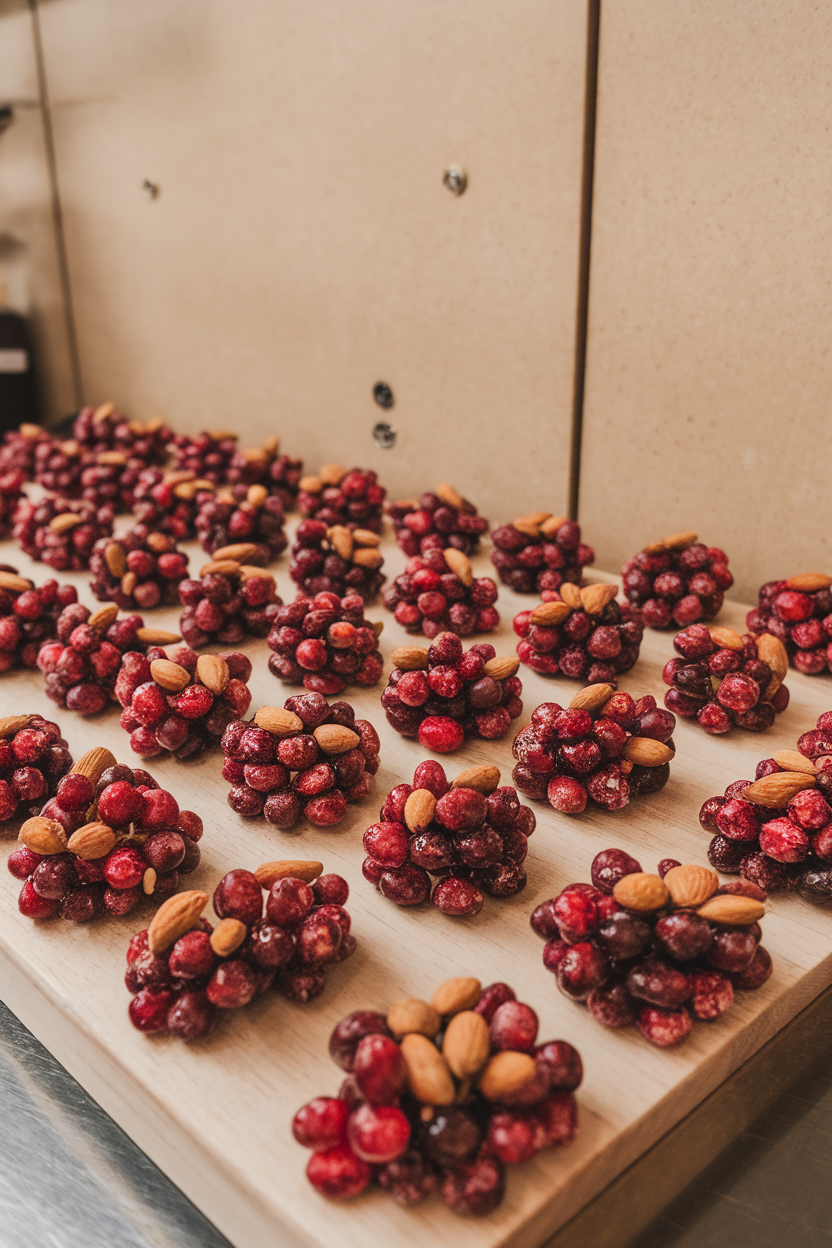 Indoor wooden board displaying red-flecked cranberry and almond clusters, grouped in tidy rows. No logos or text.