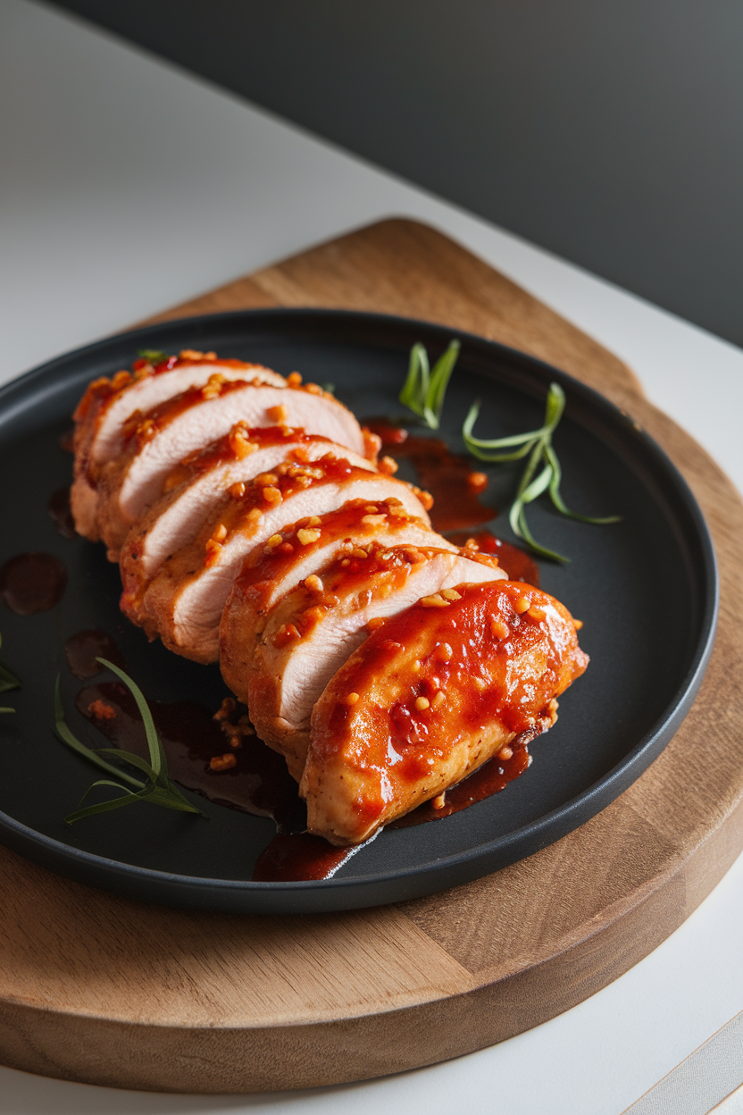 Indoor photo of chicken breast slices coated in red garlic-sriracha glaze, arranged on a matte black plate; modern dining lighting, no text or logos