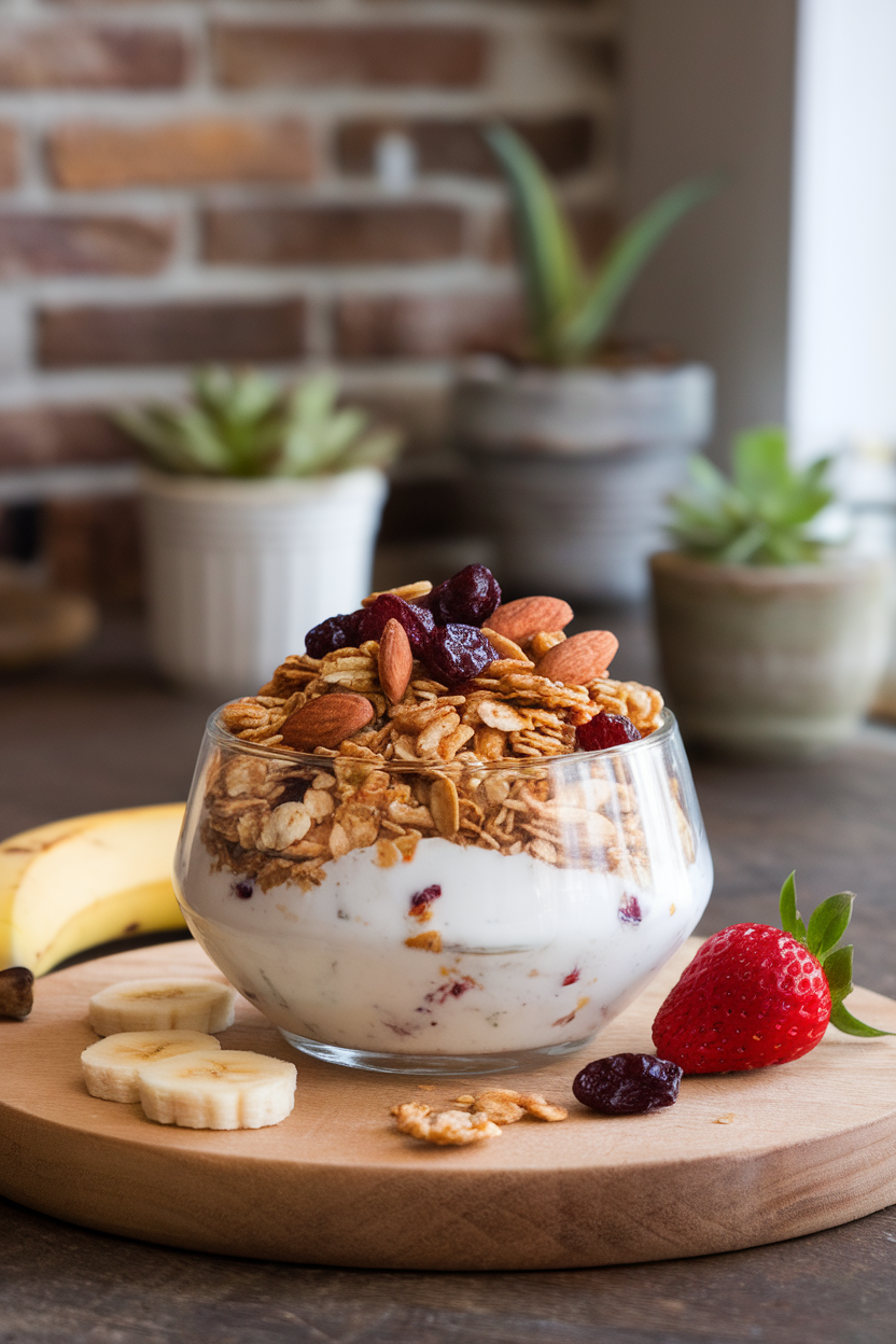 An indoor kitchen scene featuring a bowl of coconut yogurt piled high with golden granola, dried cranberries, and toasted almonds. No visible text or logos.