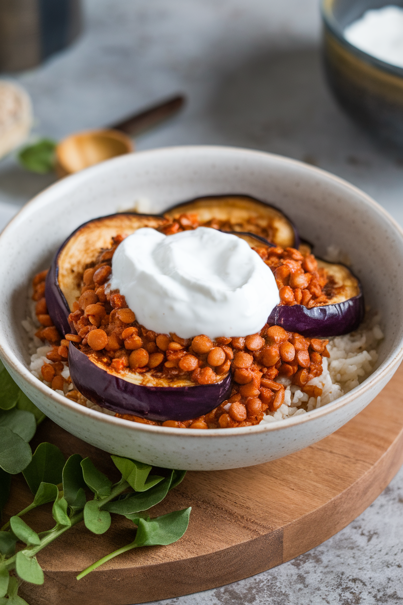 Indoor photo of spiced lentil ragu and roasted eggplant slices over rice, topped with a spoonful of thick yogurt. No text or logos.