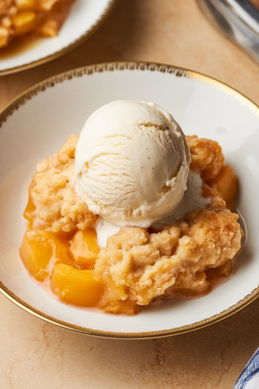 Indoor dessert plate with a scoop of warm peach cobbler topped with vanilla ice cream beginning to melt, no text or logos. Photo.