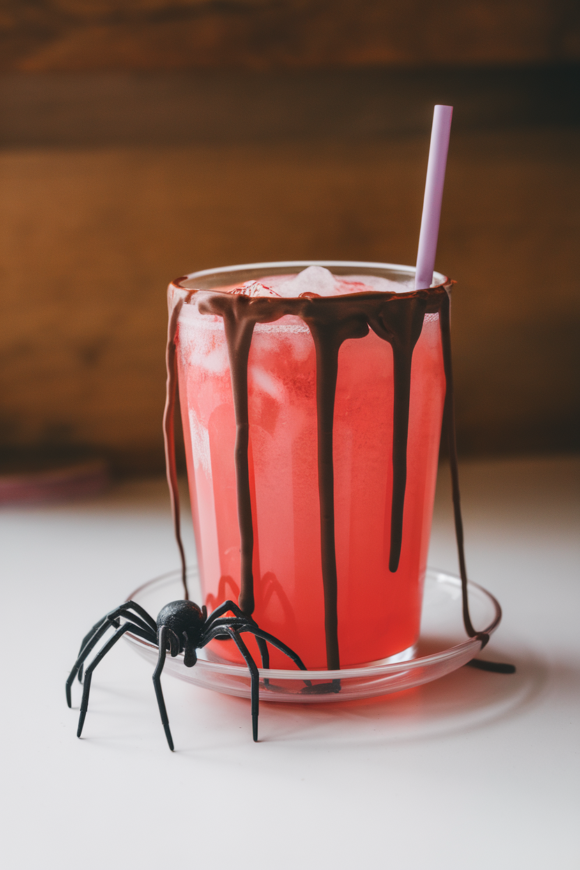Indoor photo of bright pink strawberry soda in a clear tumbler, rim coated with chocolate syrup that drips like spider legs, plus a small plastic spider on the saucer. No text or logos.