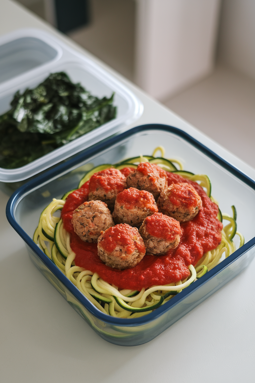 Photo of a meal prep container indoors featuring zucchini noodles topped with marinara and baked turkey meatballs. No text or logos.
