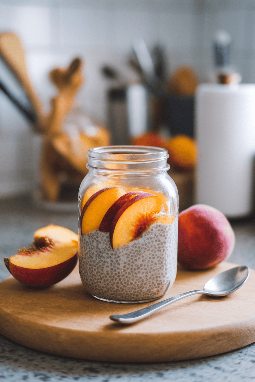 Indoor countertop showing a mason jar of chia pudding layered with sliced ripe peaches, no labels visible. Photo only.
