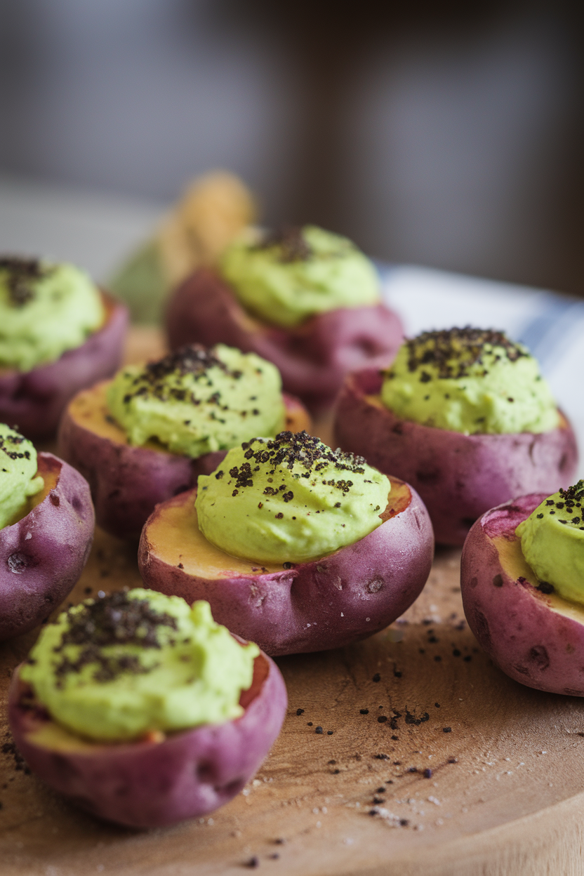 Purple baby potatoes halved and filled with bright green avocado yolk mixture, dusted with black salt, indoors. Photo, no text or logos.