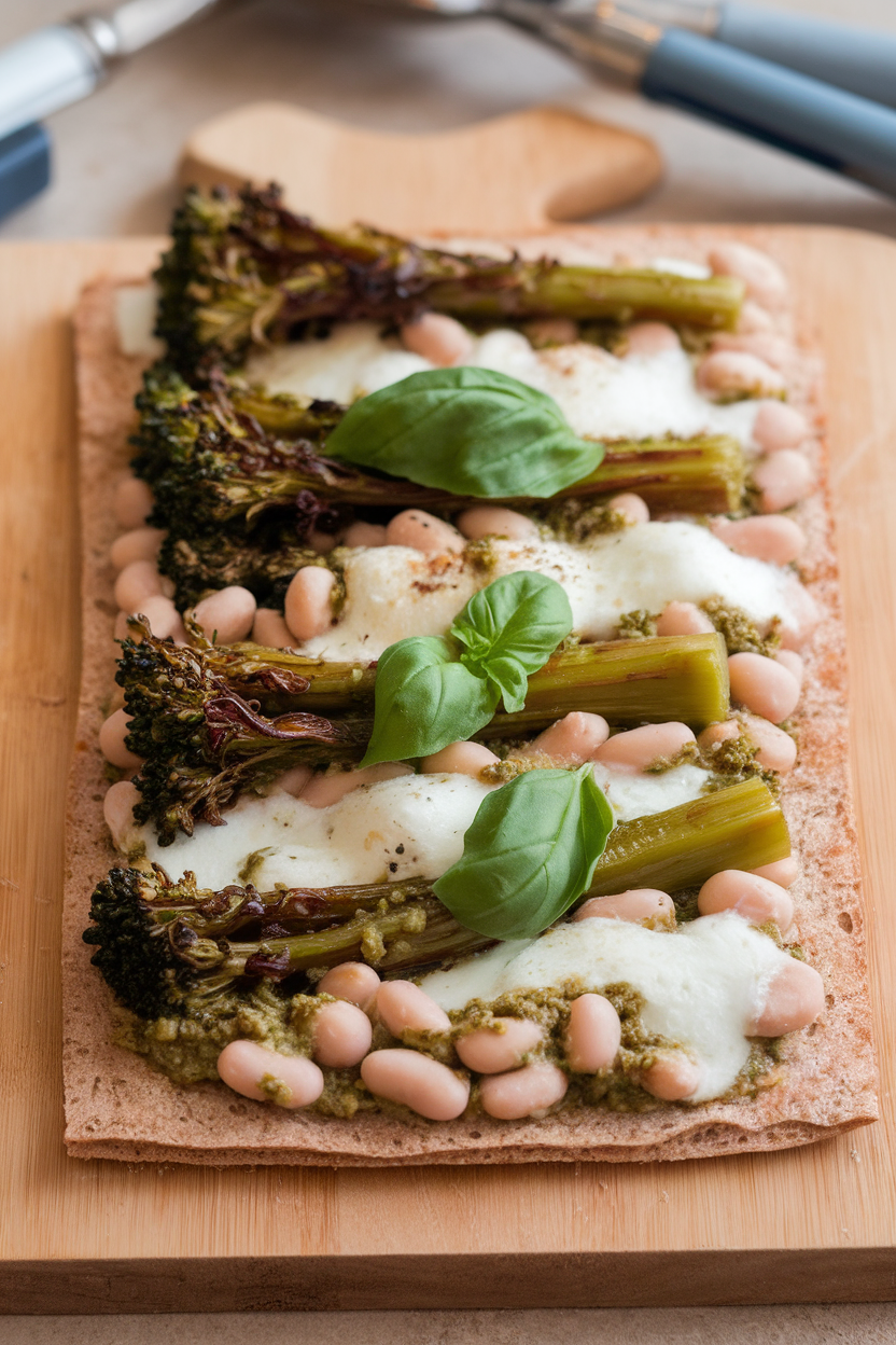 Indoor photo of a rectangular whole-wheat flatbread topped with broccolini, mashed white beans mixed with pesto, and melted mozzarella. No logos or text.