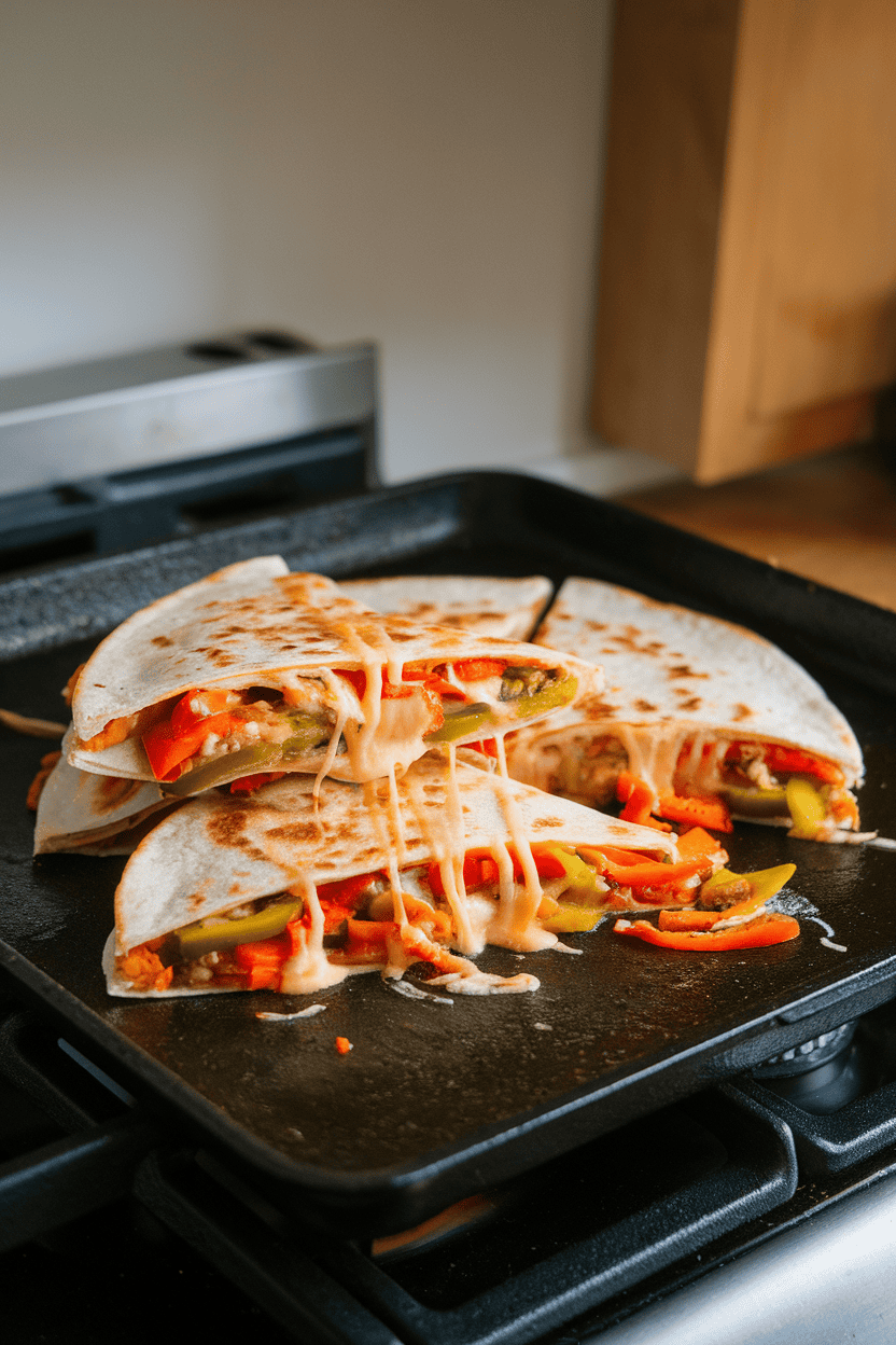 An indoor stovetop griddle holding a sliced quesadilla filled with sautéed peppers, onions, and melted cheese, cheese stretching between wedges. No text or logos; photo.