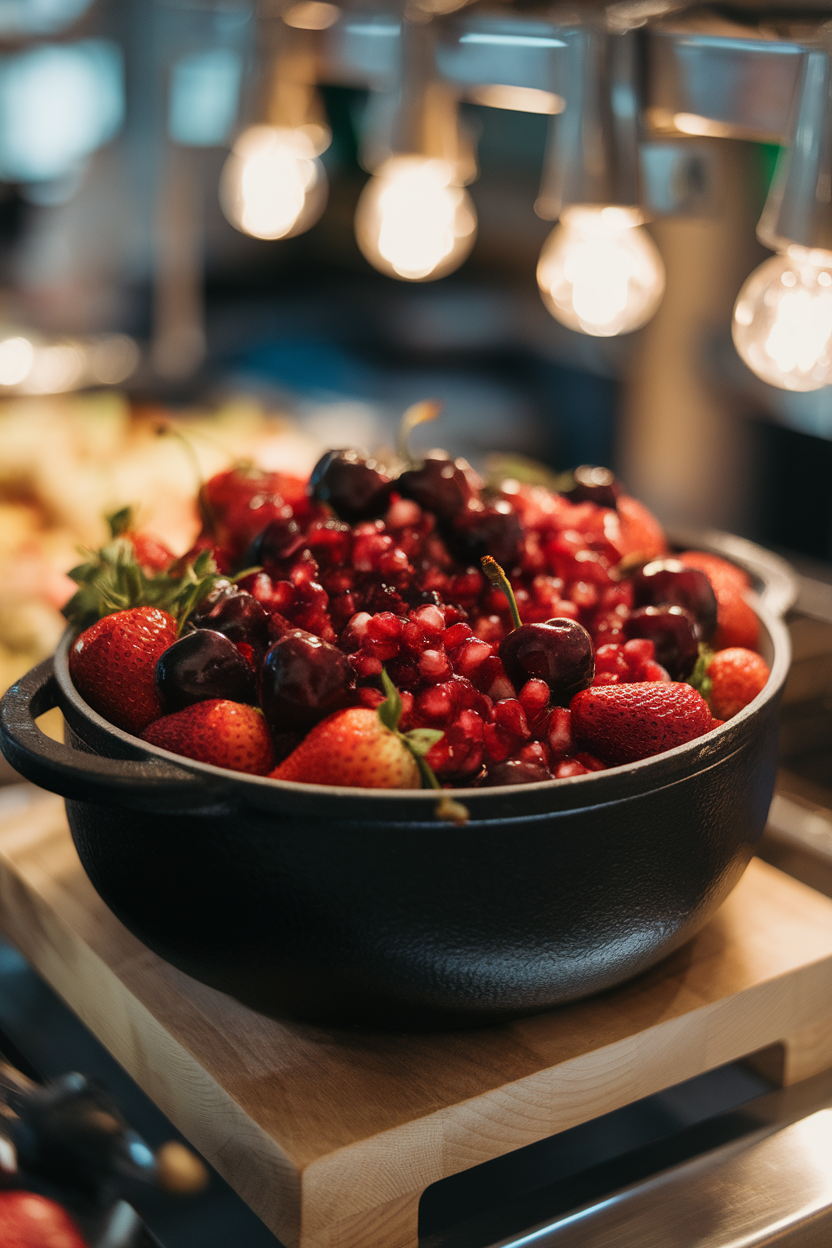A black cast-iron pot on a buffet filled with mixed strawberries, cherries, and pomegranate arils, juice glistening under warm indoor lights. No text or logos.