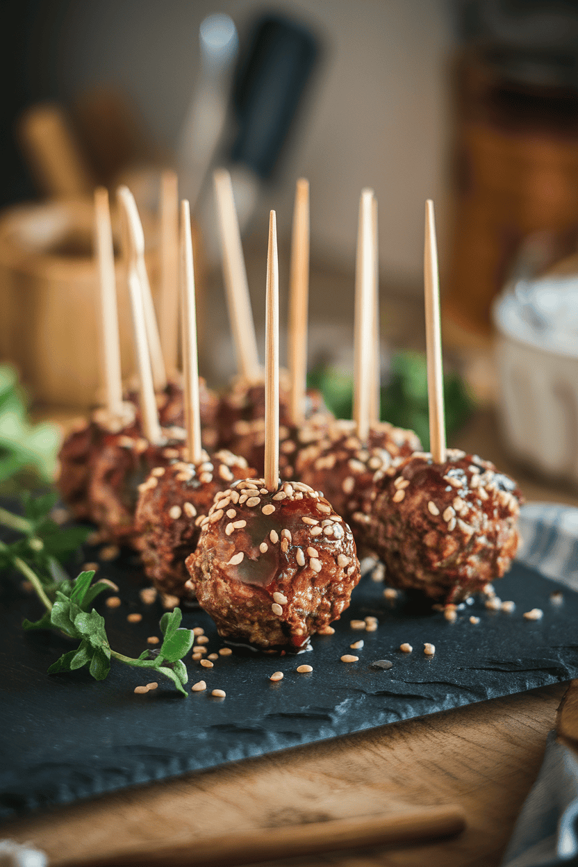 Indoor photo of dark-glazed meatballs skewered on toothpicks, sprinkled with sesame seeds, displayed on a slate board. Diffused warm lighting, no text or logos.