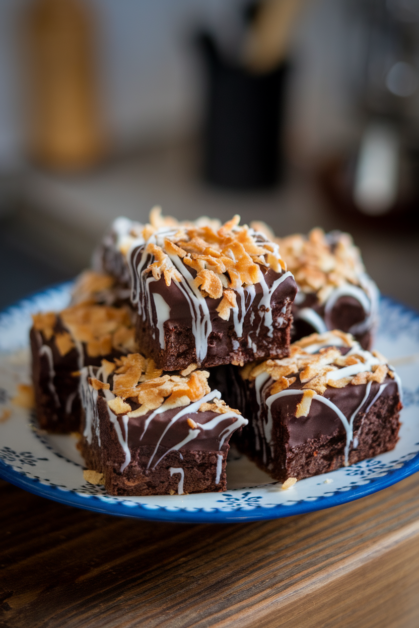 Indoor image of brownies topped with toasted coconut spun into delicate web patterns over dark chocolate icing; no text or logos