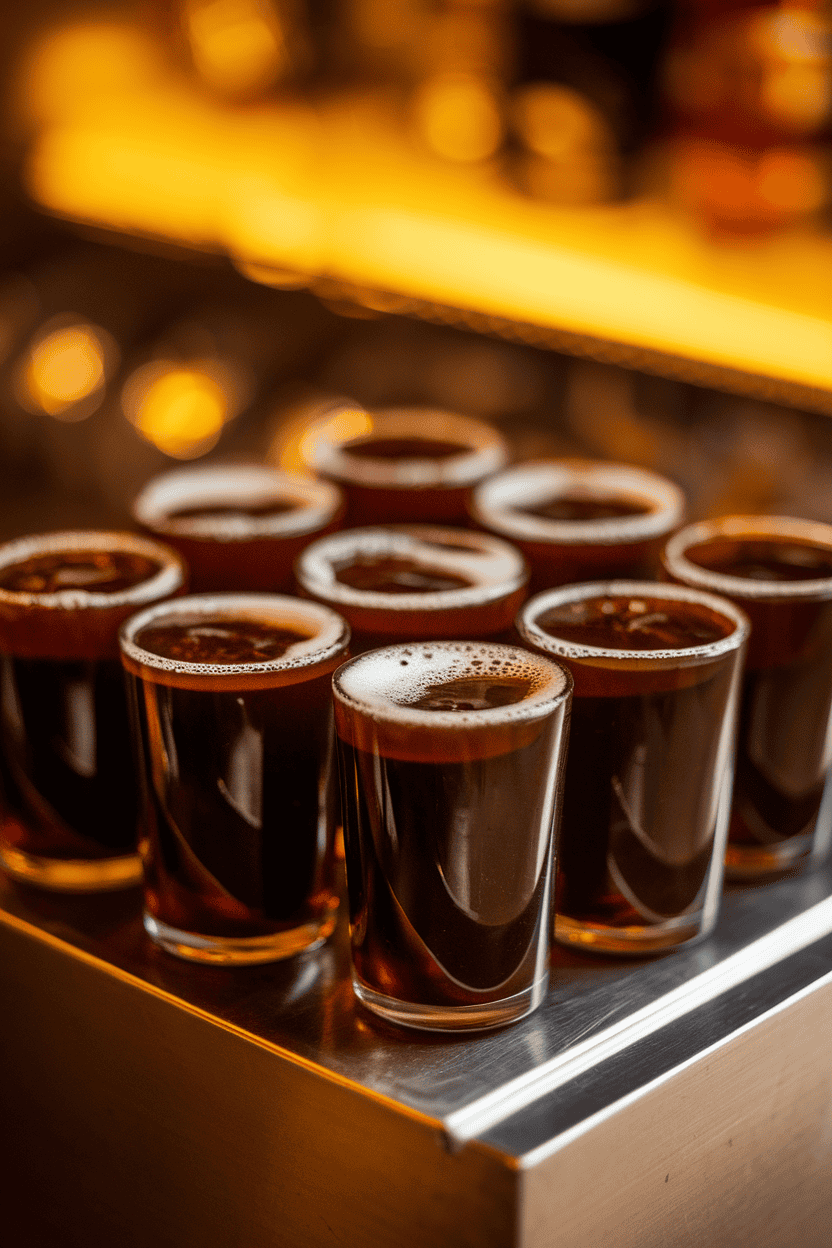 Indoor bar top holding dark brown cola jello shots with a small foam layer on top, subtle warm lighting, no logos visible