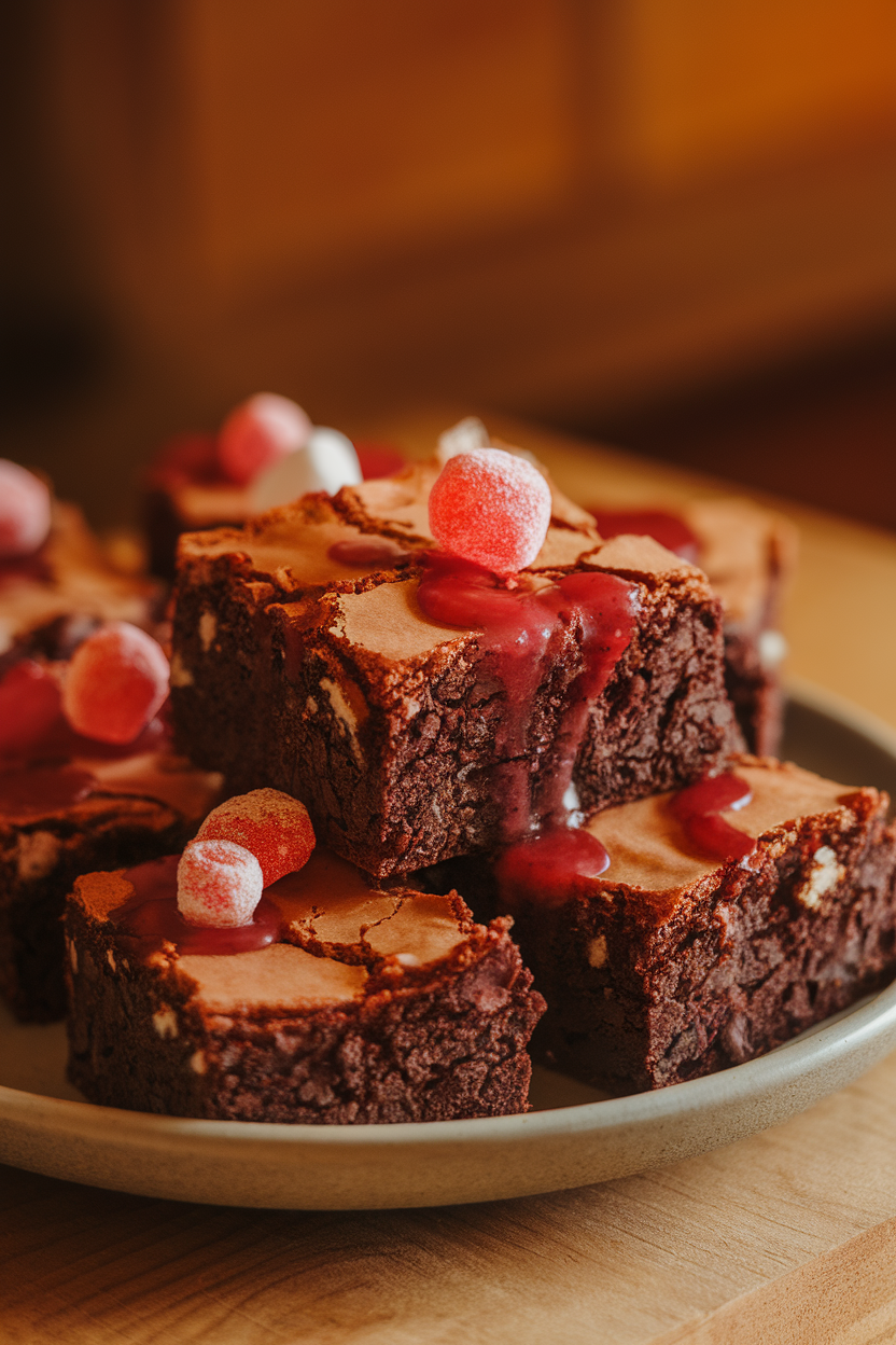Indoor image of brownies crackled on top with a cherry cola glaze and fizzy candy garnish, evoking bubbling cauldron effect; no text or logos