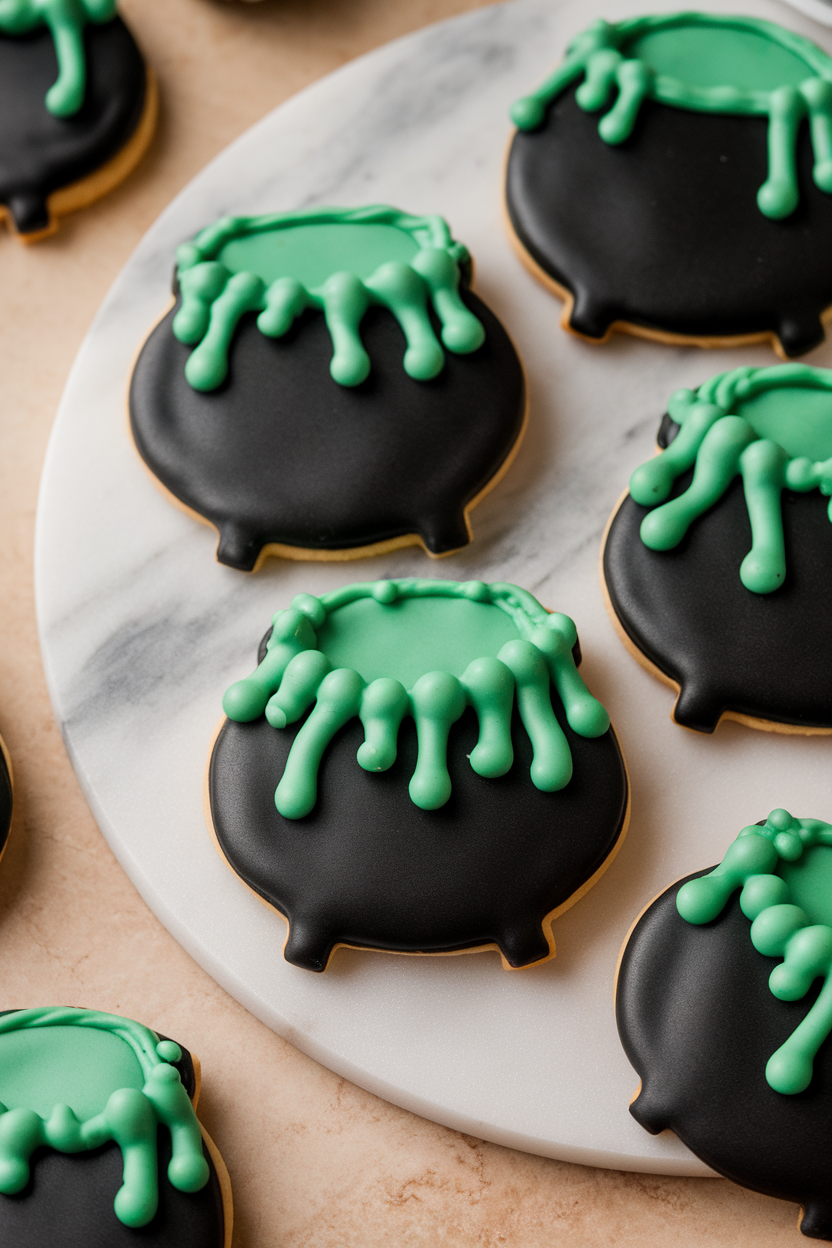 Indoor photo of round cauldron cookies with black bases and green bubbling icing overflowing the rim, placed on a marble board, no text or logos.