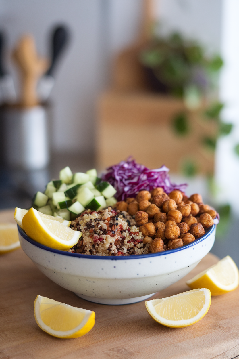 Indoor photo of a bowl featuring tri-color quinoa, crispy tahini-roasted chickpeas, diced cucumber, shredded purple cabbage, and lemon wedges. No text or logos visible.