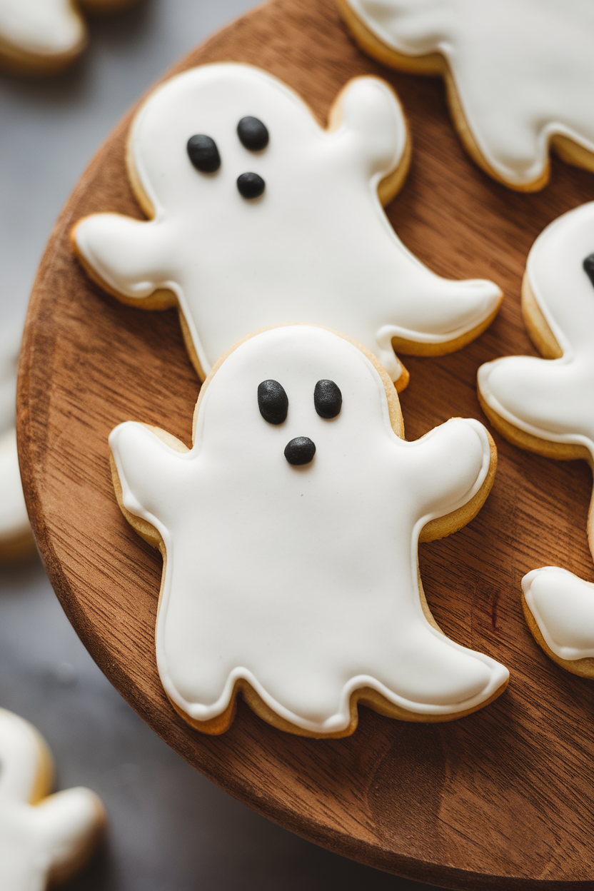 Indoor photo of white ghost-shaped sugar cookies with tiny black oval eyes and round mouths, set on a wooden board, soft overhead lighting, no text or logos.