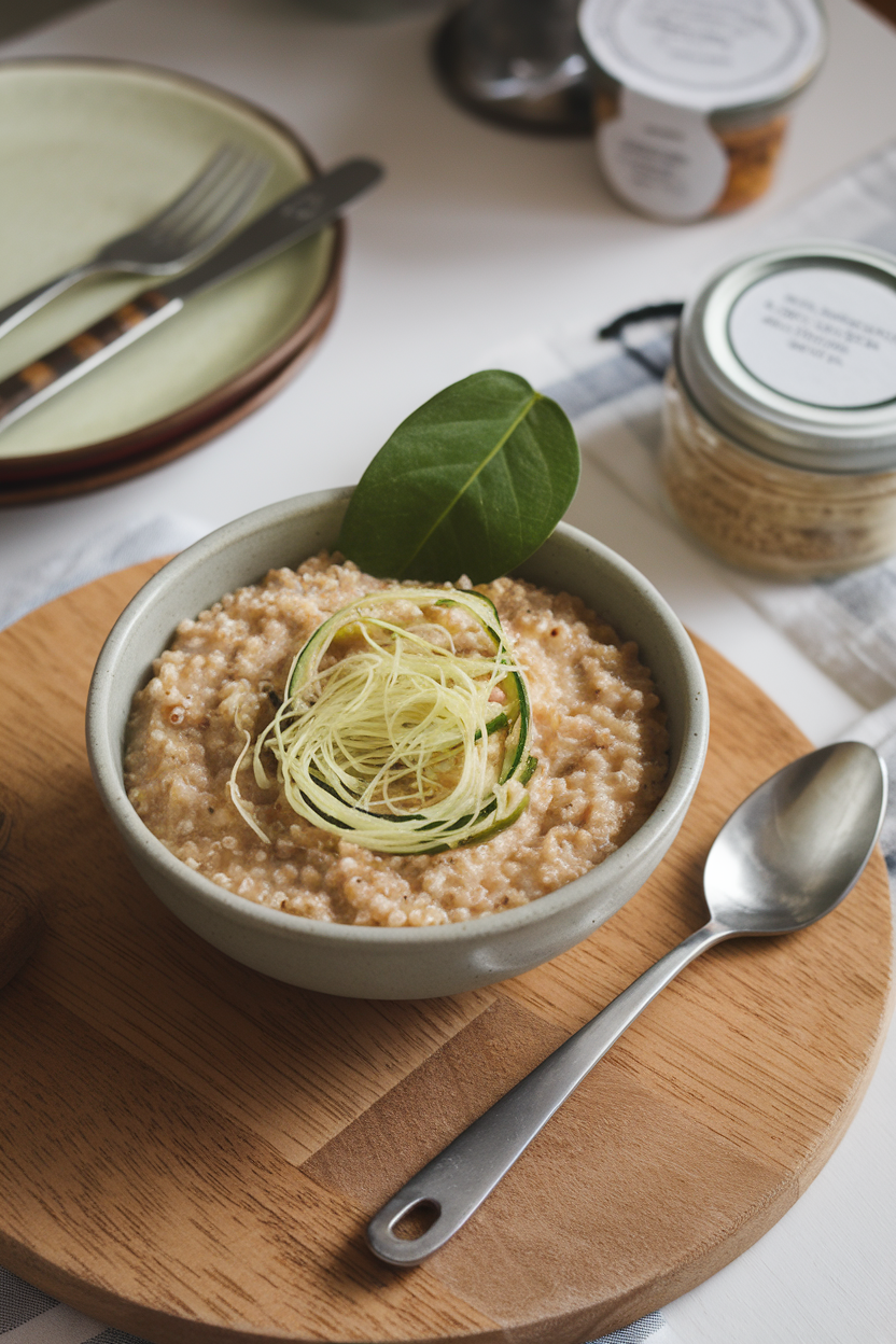Indoor breakfast scene featuring a bowl of creamy quinoa porridge flecked with pale green zucchini threads and a spoon resting nearby. No text or logos; photo only.
