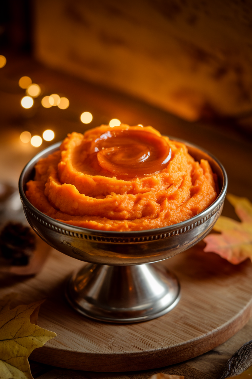 A serving bowl indoors containing mashed sweet potatoes with a glossy bourbon butter swirl, no text or logos. Photo.</Prompt