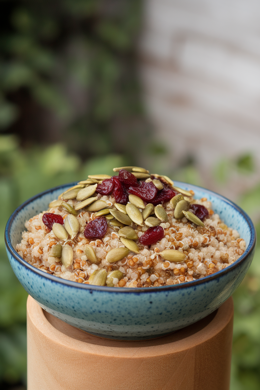 Indoor bowl of quinoa sprinkled with toasted pumpkin seeds and dried cranberries; no logos or text.
