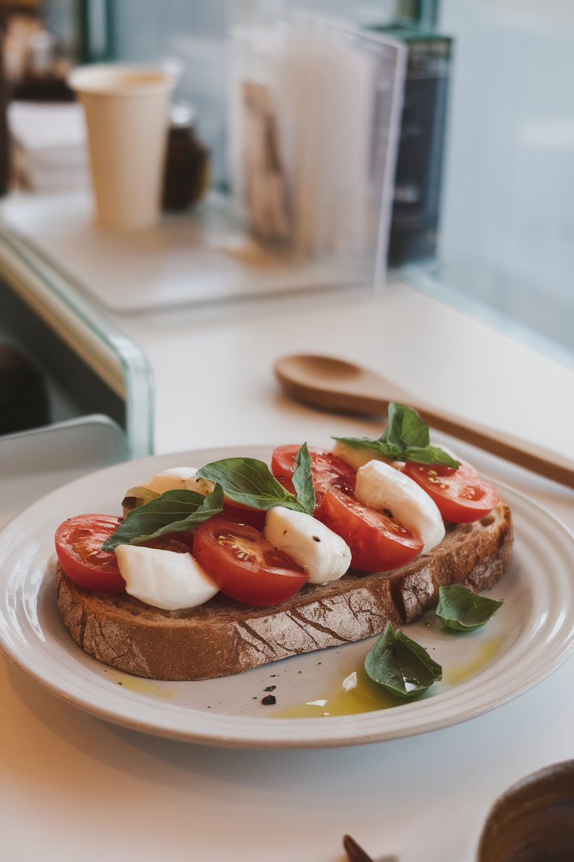 Indoor café-style shot of sourdough toast topped with sliced cherry tomatoes, mozzarella pearls, fresh basil, and a drizzle of olive oil. No text or logos.