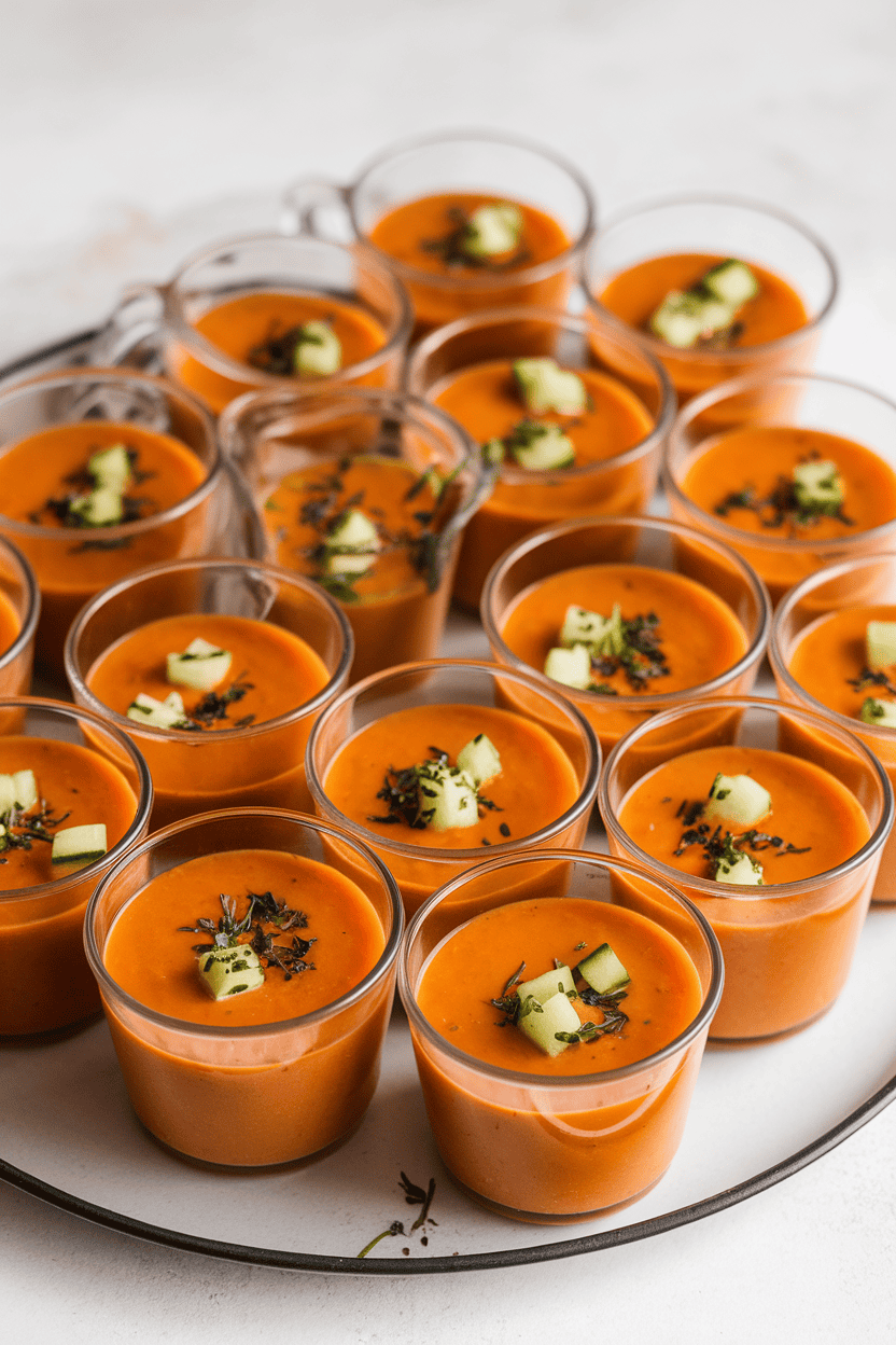 An indoor tray of small clear cups filled with bright orange gazpacho, diced cucumber and herbs sprinkled on top. No text or logos; photo only.