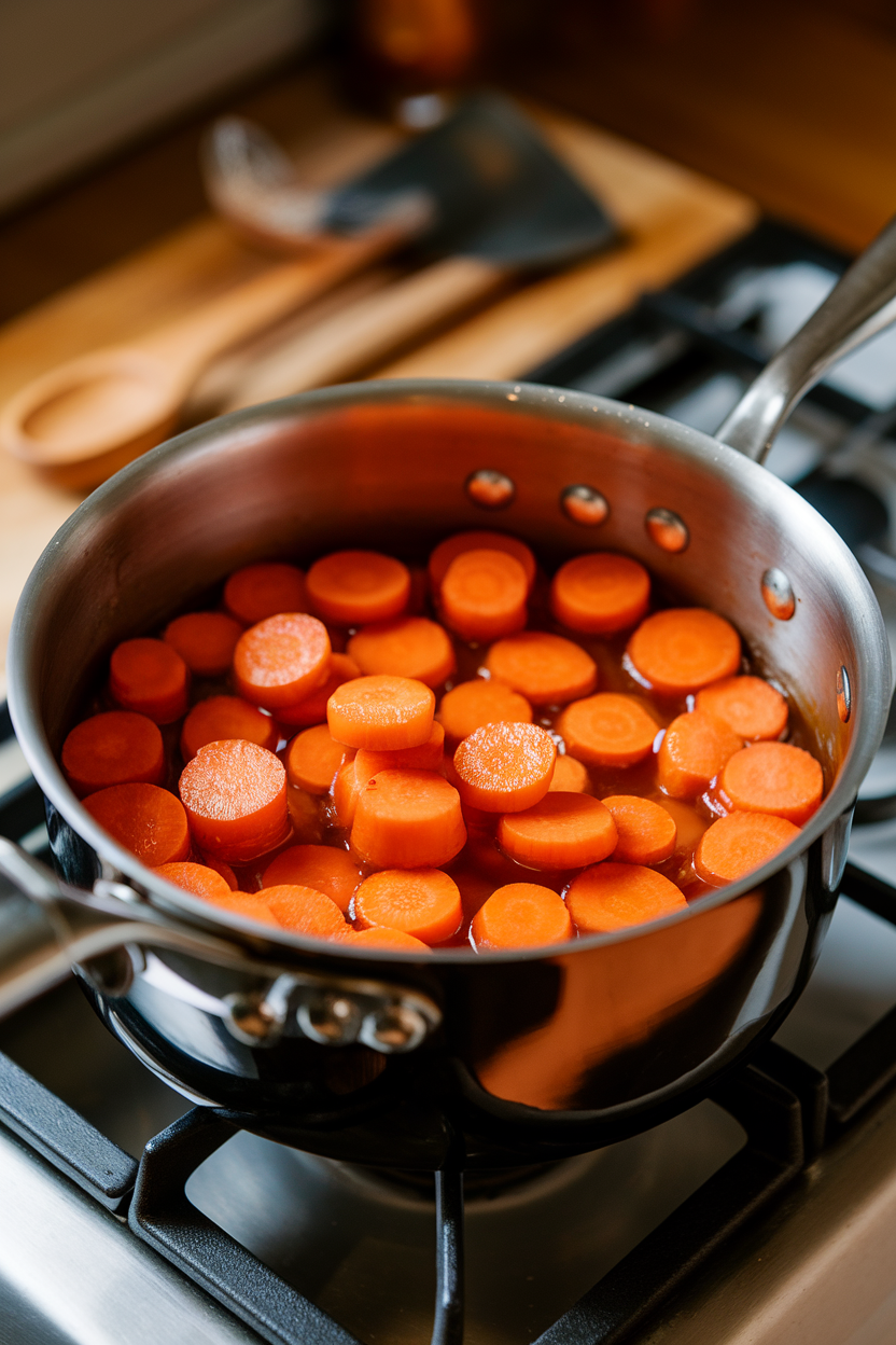 Photo of a stovetop saucepan with glazed carrot coins shimmering in cider reduction; no text or logos
