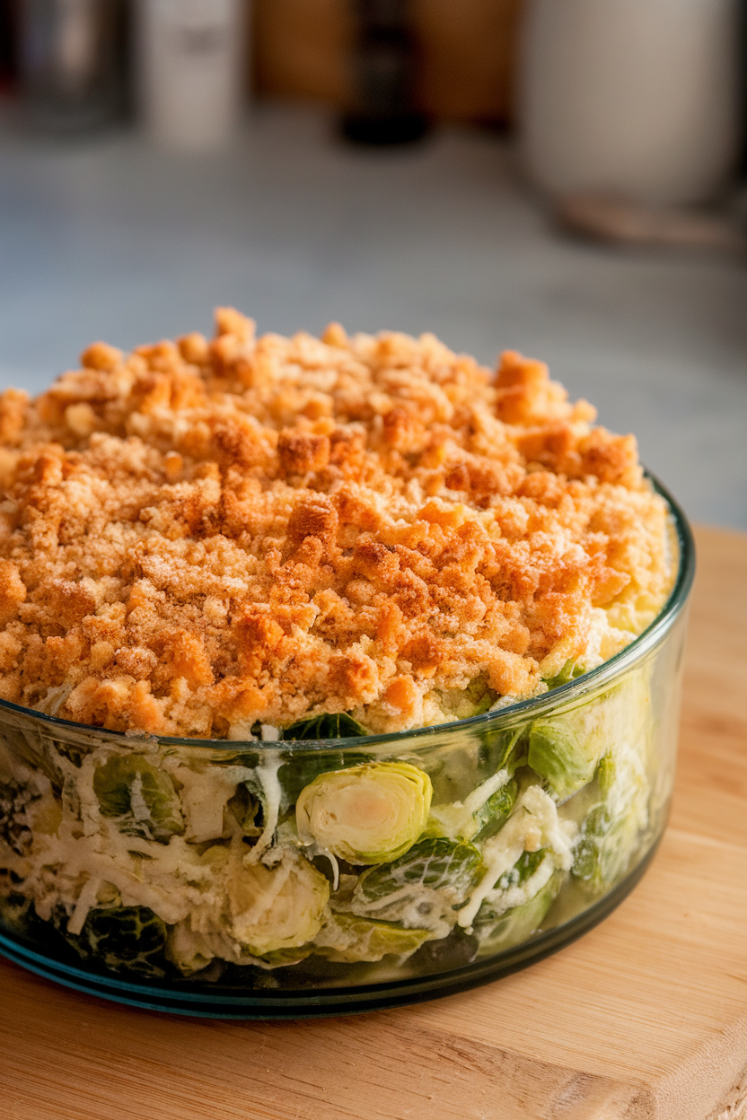 A round gratin dish indoors filled with shredded Brussels sprouts in cheese sauce, breadcrumb topping lightly browned; no text or logos. Photo only.