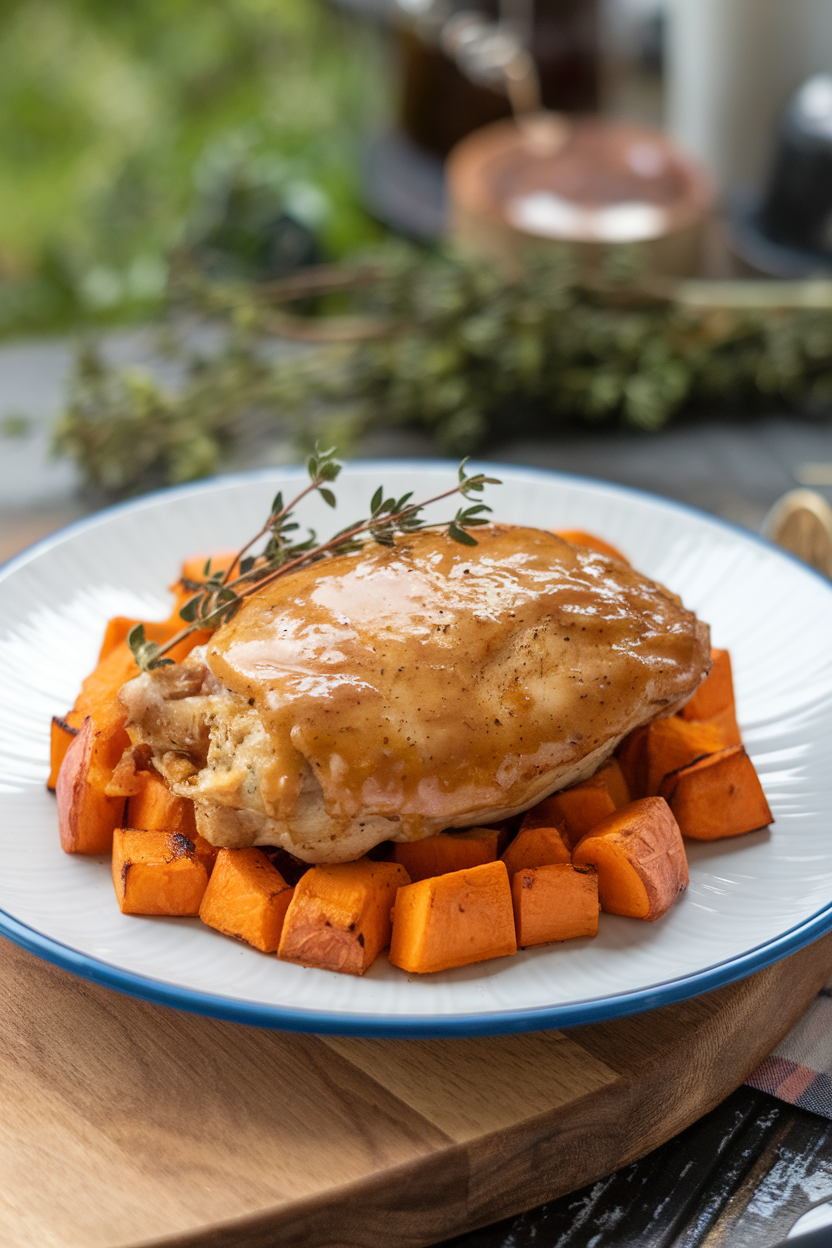 Indoor plate with roasted chicken breast glazed in maple-Dijon sauce, thyme sprigs and roasted sweet potato cubes alongside. No text or logos. Photo.