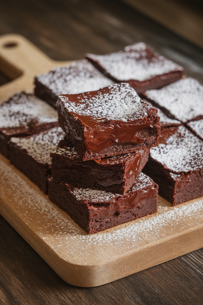 Indoor photo of a cutting board stacked with glossy, fudgy brownies, a light dusting of powdered sugar on top. No text or logos.